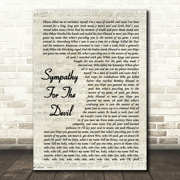 The Rolling Stones Sympathy For The Devil Vintage Script Song Lyric Music Print