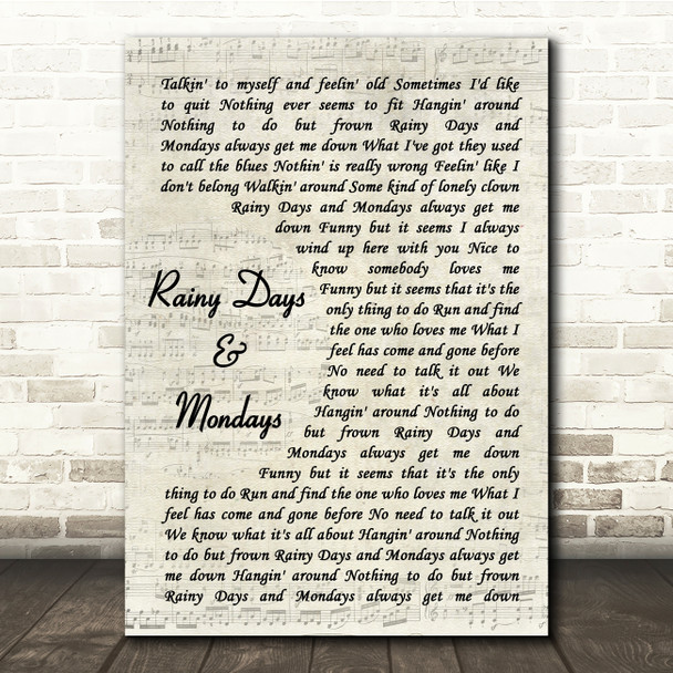 The Carpenters Rainy Days And Mondays Vintage Script Song Lyric Music Print