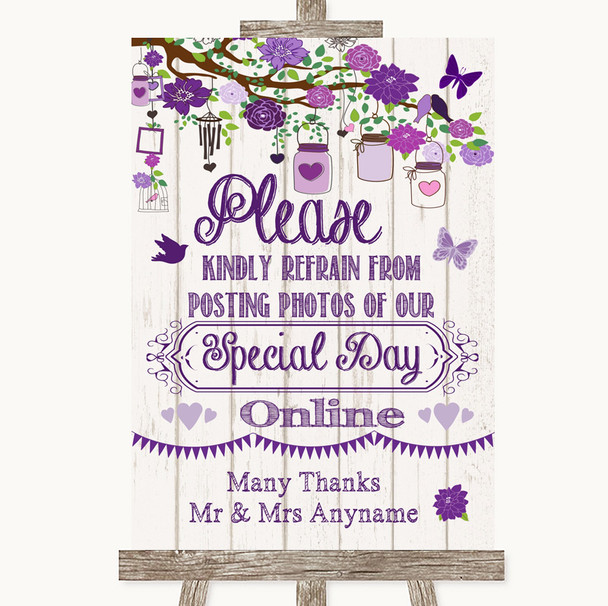 Purple Rustic Wood Don't Post Photos Online Social Media Wedding Sign