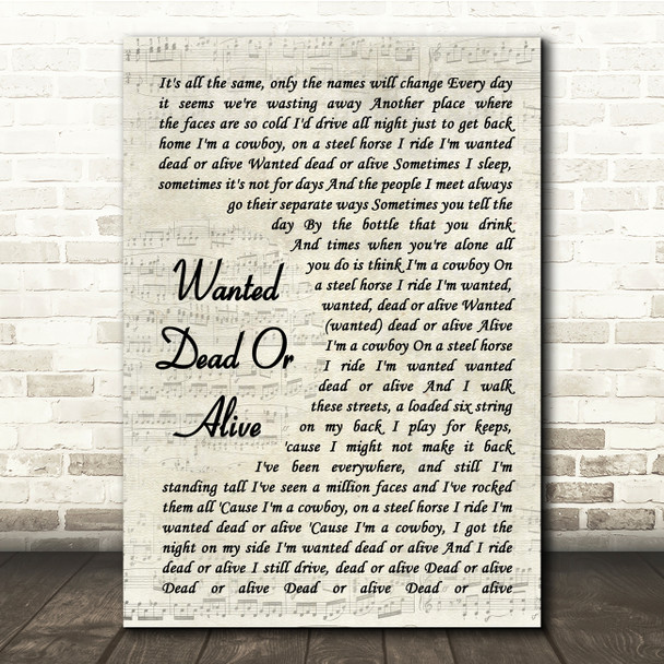 Bon Jovi Wanted Dead Or Alive Vintage Script Song Lyric Music Print