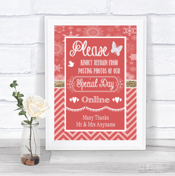 Red Winter Don't Post Photos Online Social Media Personalized Wedding Sign