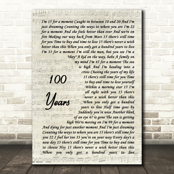 Five For Fighting 100 Years Vintage Script Song Lyric Music Print