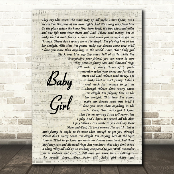 Sugarland Baby Girl Vintage Script Song Lyric Music Print