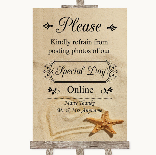 Sandy Beach Don't Post Photos Online Social Media Personalized Wedding Sign