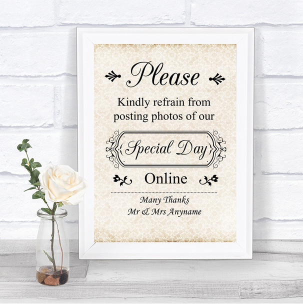 Shabby Chic Ivory Don't Post Photos Online Social Media Wedding Sign