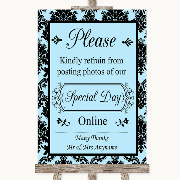Sky Blue Damask Don't Post Photos Online Social Media Personalized Wedding Sign