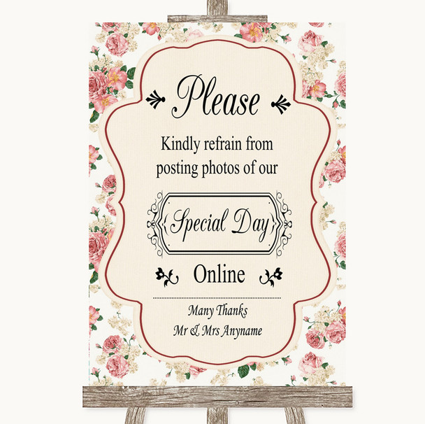 Vintage Roses Don't Post Photos Online Social Media Personalized Wedding Sign