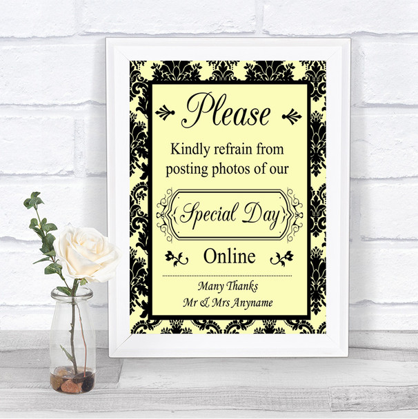 Yellow Damask Don't Post Photos Online Social Media Personalized Wedding Sign