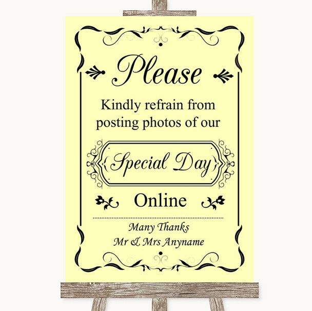 Yellow Don't Post Photos Online Social Media Personalized Wedding Sign