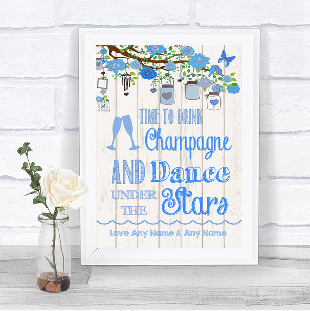 Blue Rustic Wood Drink Champagne Dance Stars Personalized Wedding Sign