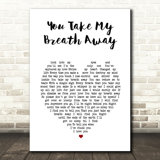 Queen You Take My Breath Away White Heart Song Lyric Music Print