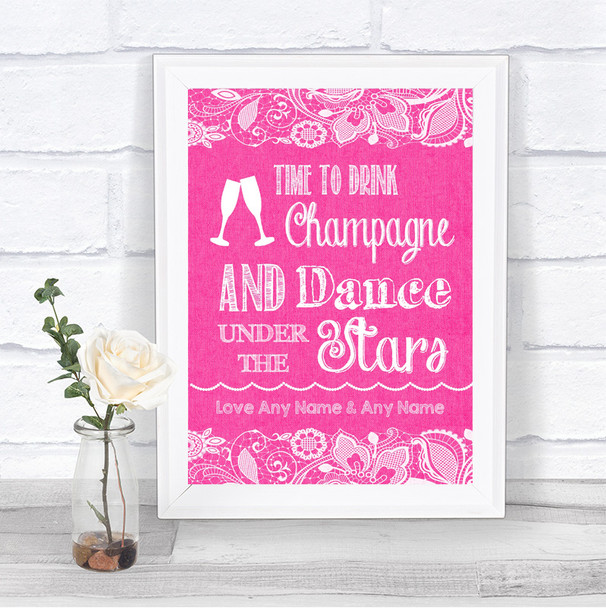 Bright Pink Burlap & Lace Drink Champagne Dance Stars Personalized Wedding Sign