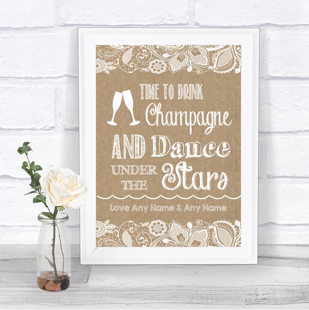 Burlap & Lace Drink Champagne Dance Stars Personalized Wedding Sign