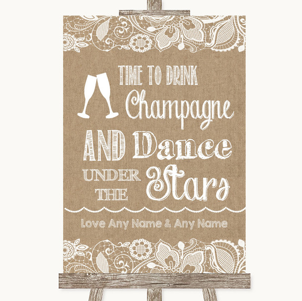 Burlap & Lace Drink Champagne Dance Stars Personalized Wedding Sign