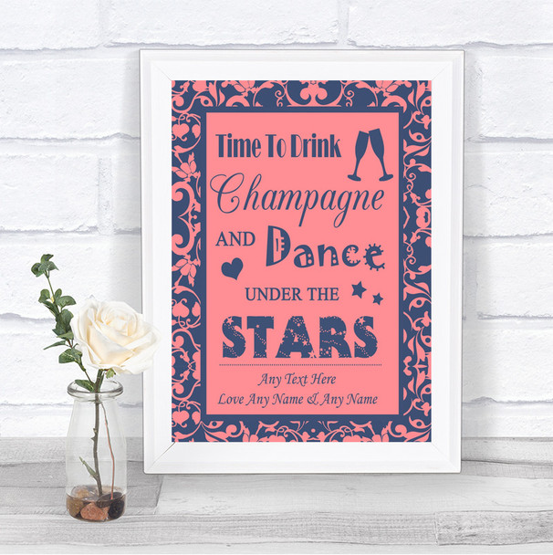 Coral Pink & Blue Drink Champagne Dance Stars Personalized Wedding Sign