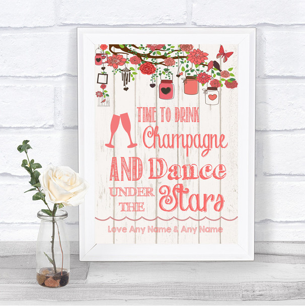 Coral Rustic Wood Drink Champagne Dance Stars Personalized Wedding Sign