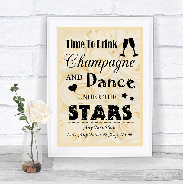 Cream Roses Drink Champagne Dance Stars Personalized Wedding Sign