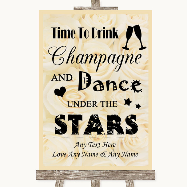 Cream Roses Drink Champagne Dance Stars Personalized Wedding Sign