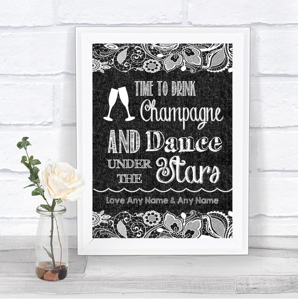 Dark Grey Burlap & Lace Drink Champagne Dance Stars Personalized Wedding Sign