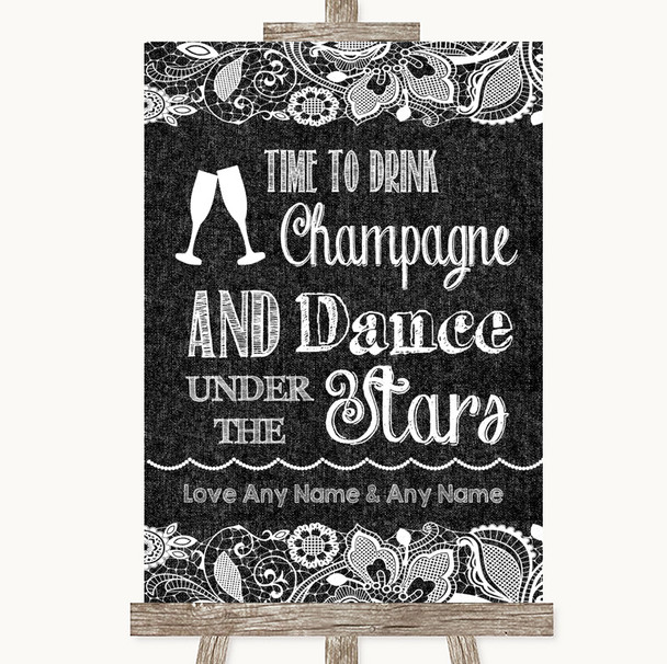 Dark Grey Burlap & Lace Drink Champagne Dance Stars Personalized Wedding Sign