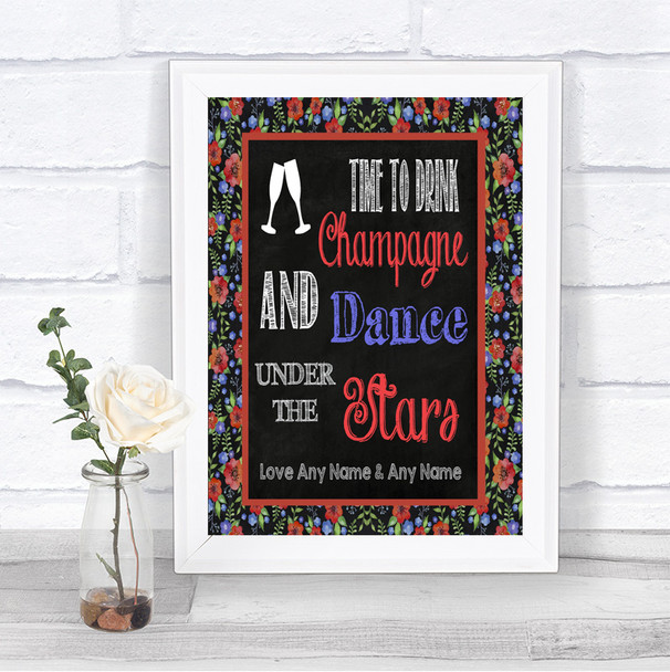 Floral Chalk Drink Champagne Dance Stars Personalized Wedding Sign
