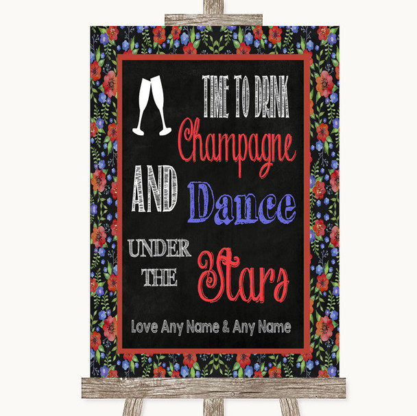 Floral Chalk Drink Champagne Dance Stars Personalized Wedding Sign