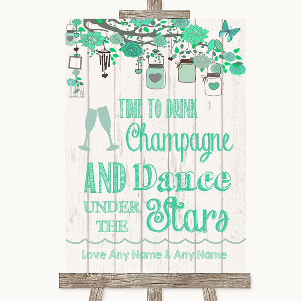 Green Rustic Wood Drink Champagne Dance Stars Personalized Wedding Sign