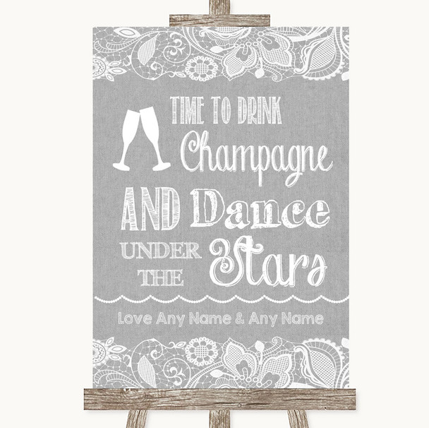 Grey Burlap & Lace Drink Champagne Dance Stars Personalized Wedding Sign