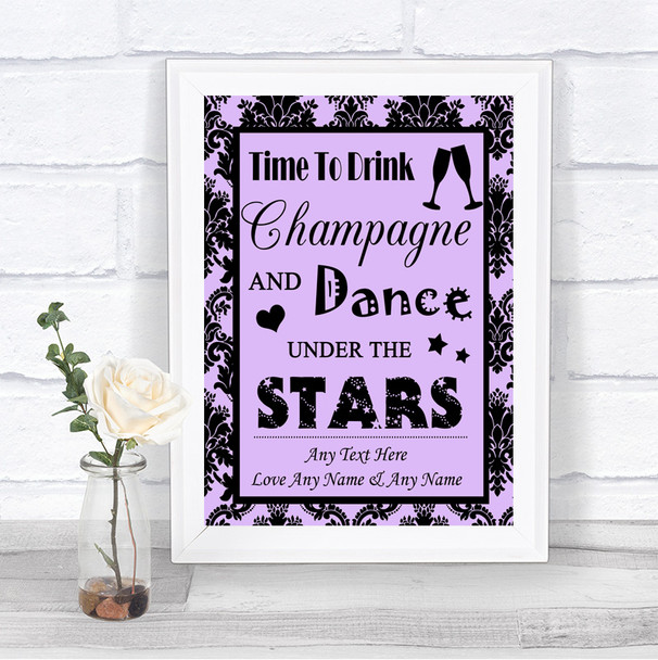 Lilac Damask Drink Champagne Dance Stars Personalized Wedding Sign
