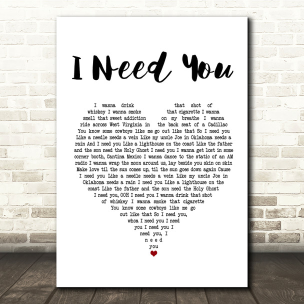 Faith Hill and Tim McGraw I Need You White Heart Song Lyric Music Print