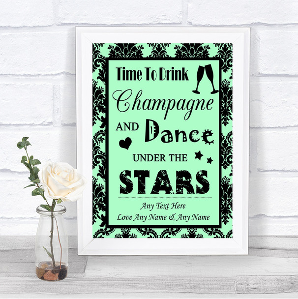 Mint Green Damask Drink Champagne Dance Stars Personalized Wedding Sign