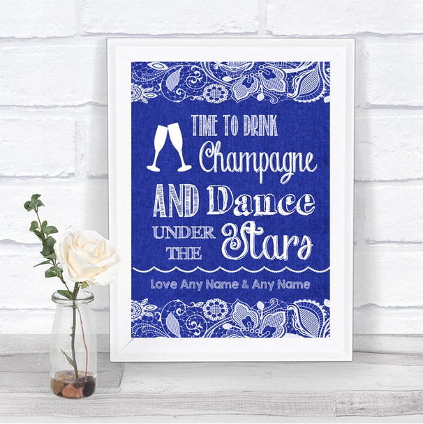 Navy Blue Burlap & Lace Drink Champagne Dance Stars Personalized Wedding Sign