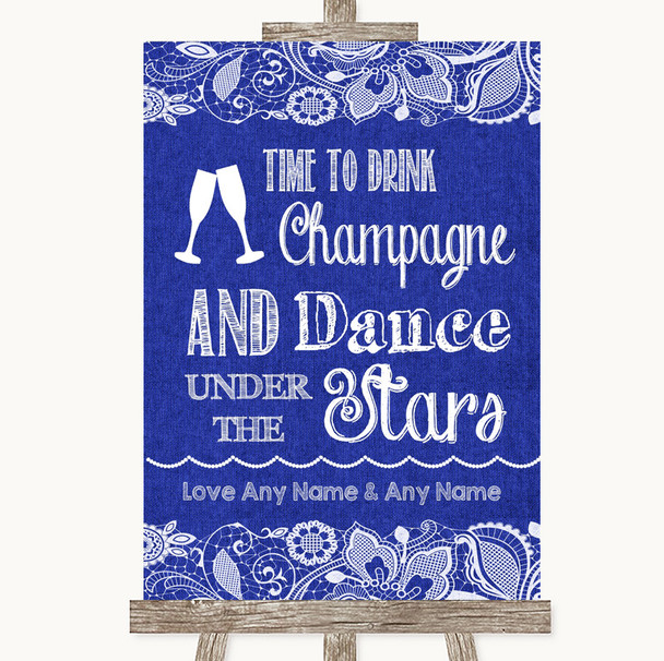 Navy Blue Burlap & Lace Drink Champagne Dance Stars Personalized Wedding Sign
