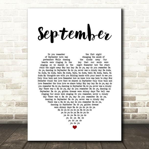 Earth Wind and Fire September White Heart Song Lyric Music Print