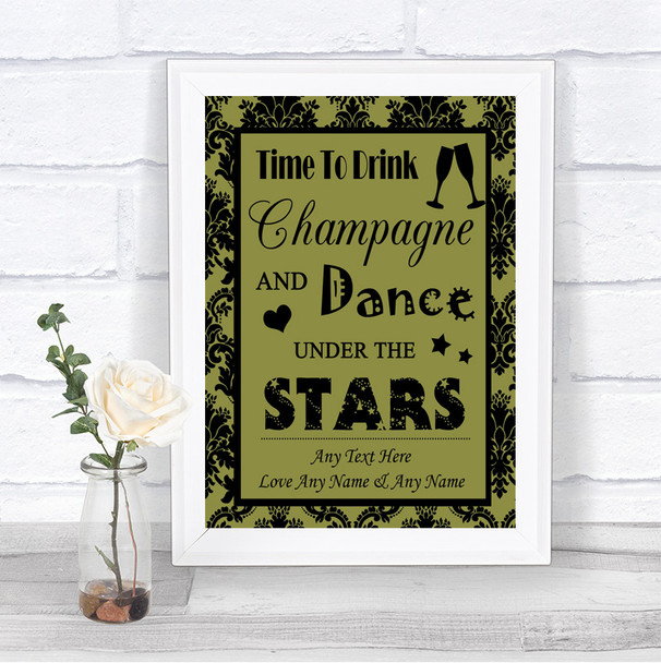 Olive Green Damask Drink Champagne Dance Stars Personalized Wedding Sign