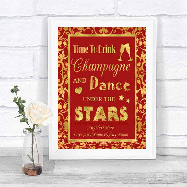 Red & Gold Drink Champagne Dance Stars Personalized Wedding Sign
