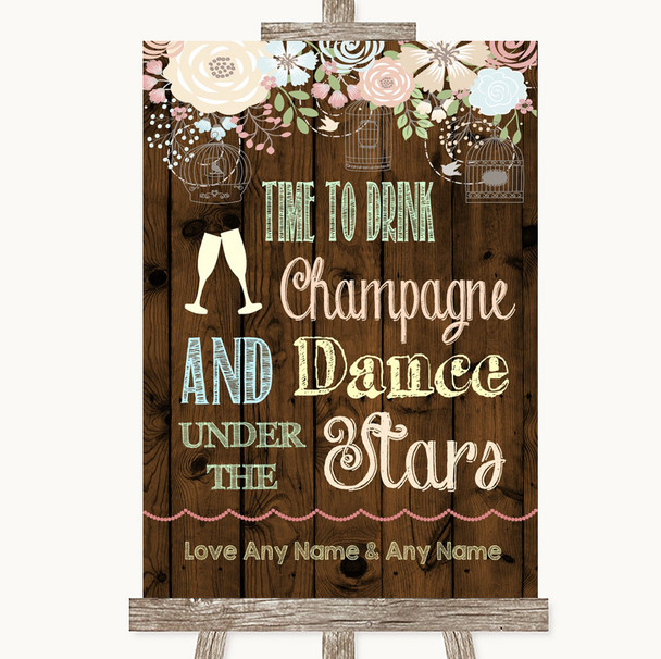 Rustic Floral Wood Drink Champagne Dance Stars Personalized Wedding Sign