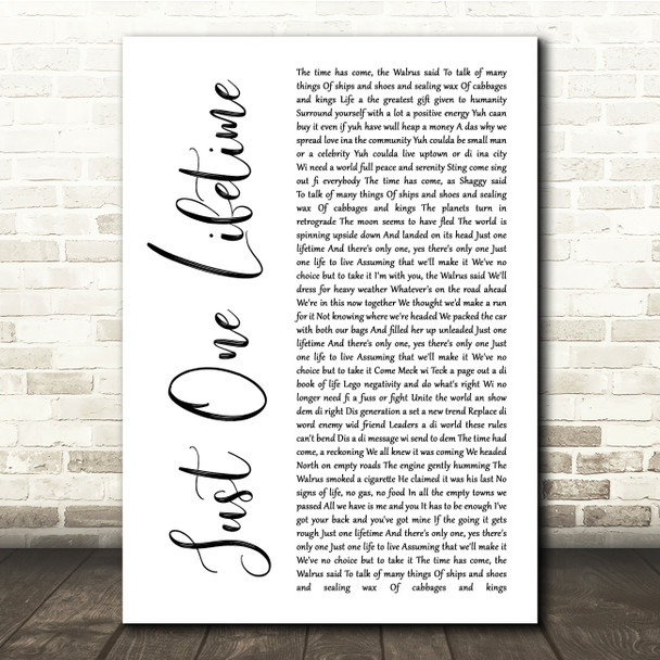 Sting & Shaggy Just One Lifetime White Script Song Lyric Music Print