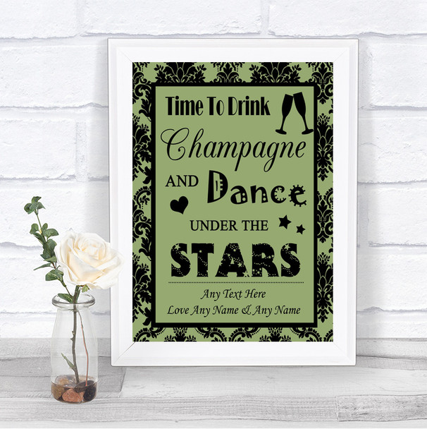 Sage Green Damask Drink Champagne Dance Stars Personalized Wedding Sign