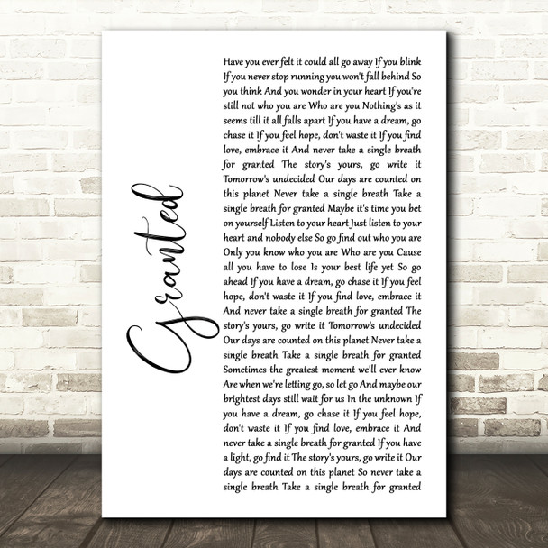 Josh Groban Granted White Script Song Lyric Music Print