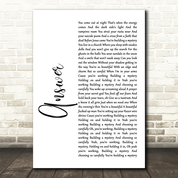 Sarah McLachlan ANSWER White Script Song Lyric Music Print