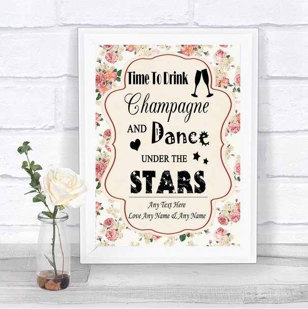 Vintage Roses Drink Champagne Dance Stars Personalized Wedding Sign