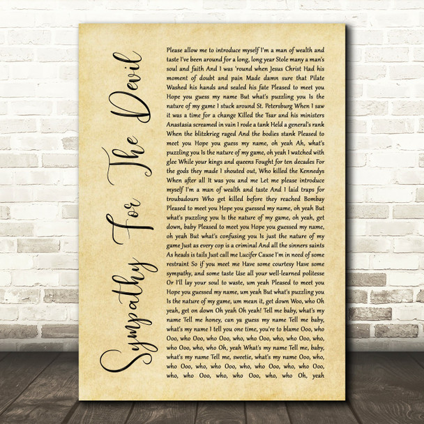 The Rolling Stones Sympathy For The Devil Rustic Script Song Lyric Music Print