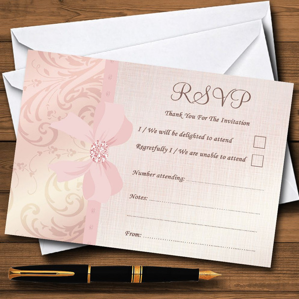 Pretty Pale Coral Pink Damask Bow Wedding Personalized RSVP Cards