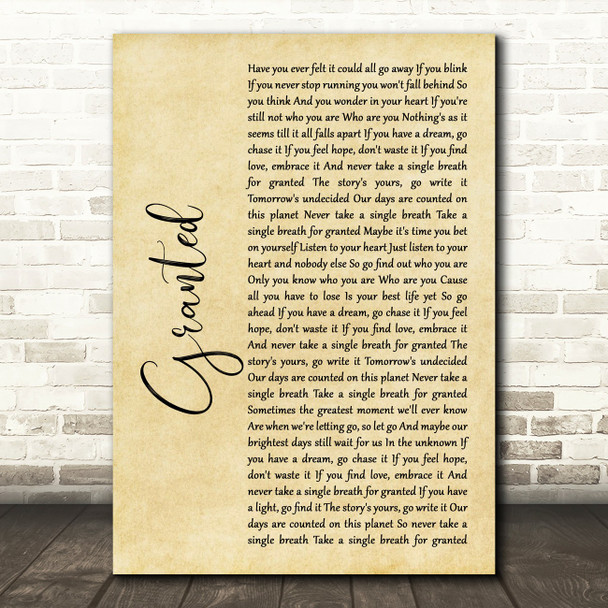 Josh Groban Granted Rustic Script Song Lyric Music Print