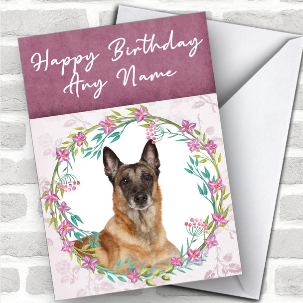 Belgian Shepherd Malinois Dog Pink Floral Animal Personalized Birthday Card