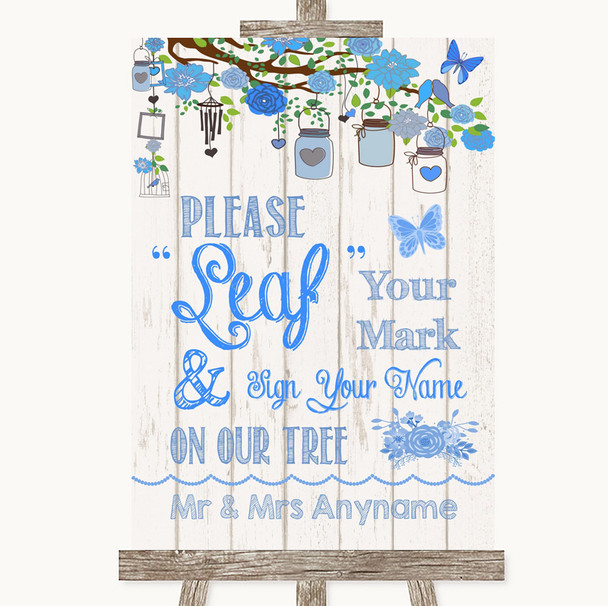 Blue Rustic Wood Fingerprint Tree Instructions Personalized Wedding Sign