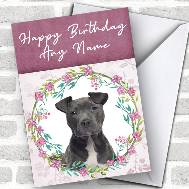 Staffordshire Terrier Dog Pink Floral Animal Personalized Birthday Card