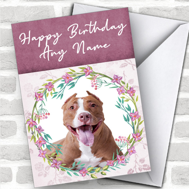 Pit Bull Terrier Dog Pink Floral Animal Personalized Birthday Card