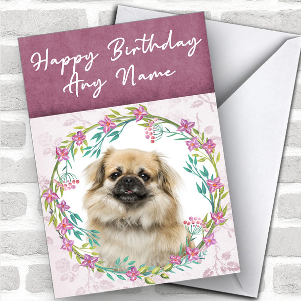 Tibetan Spaniel Dog Pink Floral Animal Personalized Birthday Card